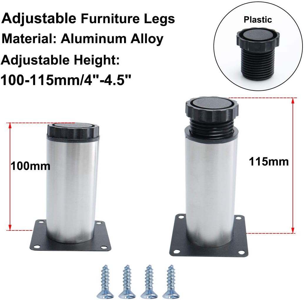 sourcing map 4 Inch Furniture Legs Stainless Steel Sofa Table Desk Cabinet Wardrobe Worktop Shelves Feet Replacement Height Adjustable Set of 5 - Image 4