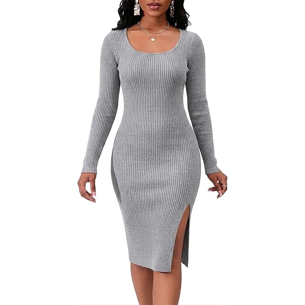 RAISECOM Womens Ribbed Knit Maxi Dresses Long Sleeve V Neck Casual Sweater  Dress Bodycon Midi Dress Brown at Amazon Women's Clothing store