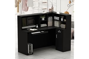 AGOTENI Reception Desk Reception Stations with Open Shelf & Drawers, L Shape Reception Table Wooden Computer Desk for Office Reception Room, Black