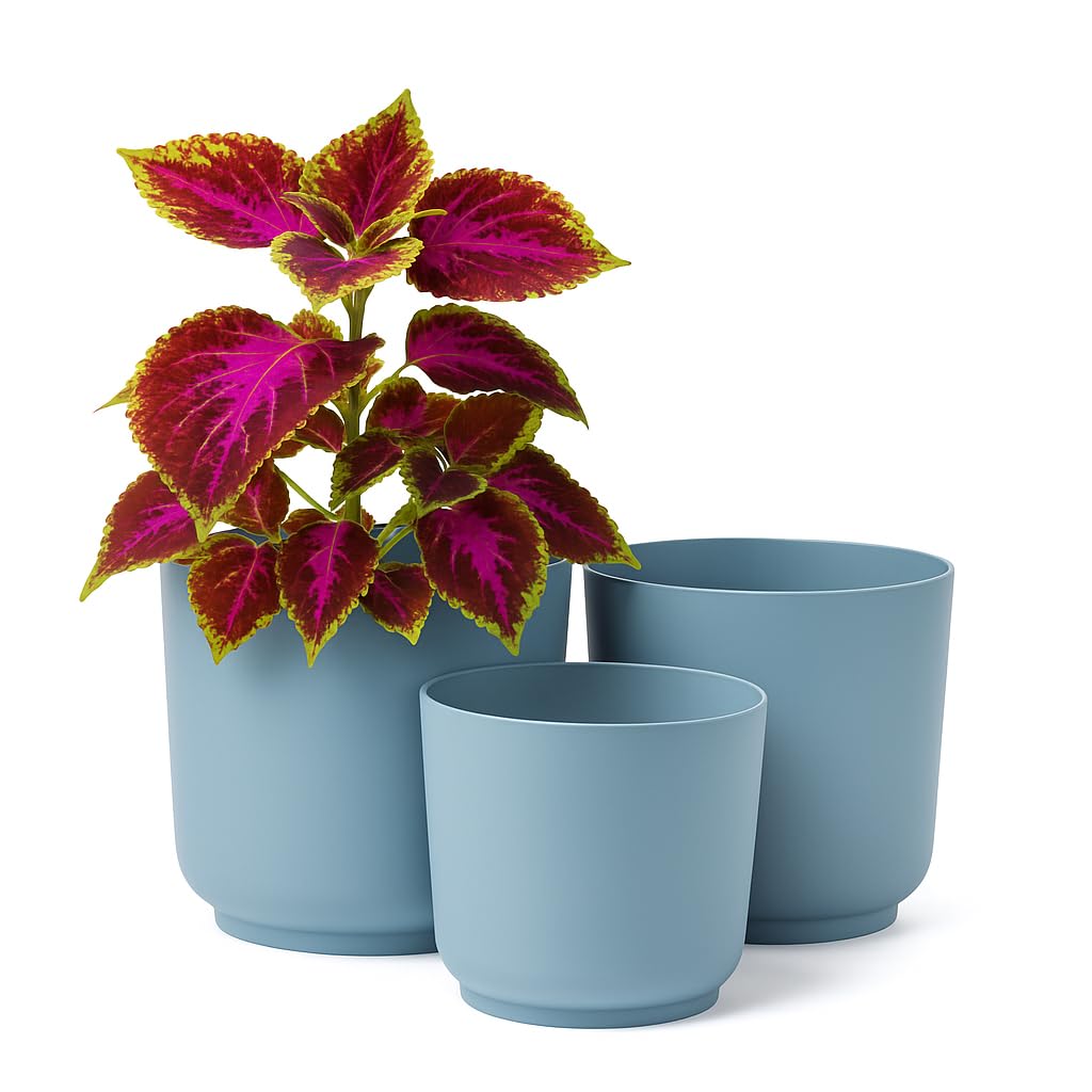 Home Garden Ornaments Luna Plant Pots Indoor – Indoor Plant Pot Set of 3 with Matte Surface, Flower Pots No Drainage Holes (Sizes: 13cm, 15cm, 17cm, Colour: Blue Light)