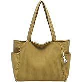 Corduroy Tote Bag With Zipper, Canvas Shoulder Handbag Cute Large Purse for Women Girl, Commuter Bag Casual Shopping Work Bag