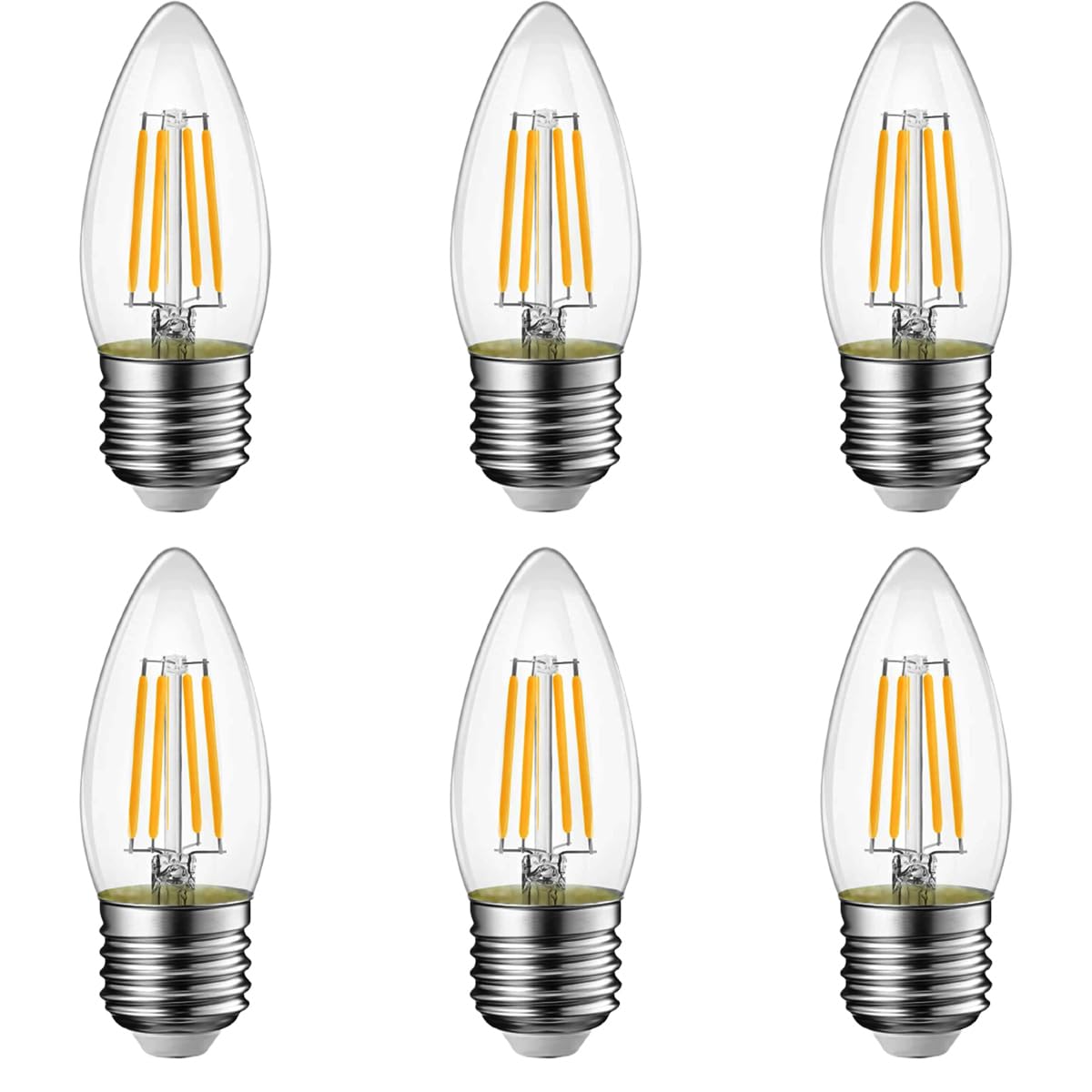 6 Pack E27 LED Filament Candle Bulb C35 - Dimmable 4W Warm White 2700K Edison Screw ES - Vintage LED Candle Light Bulbs - Energy-Efficient 35W 40W Halogen Replacement - Decorative Chandelier Bulbs