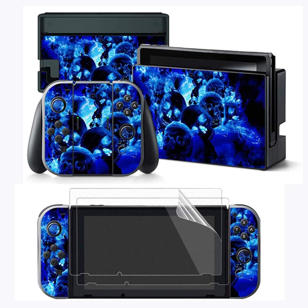 Taifond Decals Stickers Set Faceplate Skin +2Pcs Screen Protector for Nintendo for Switch Console & Joy-Con Controller & Dock Protection Kit (Blue Skull)