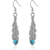 Elaximn Bohemian Silver Feather Dangle Earrings for Women, Hypoallergenic Silver Turquoise Drop Dangle Earrings with Western Boho Jewelry