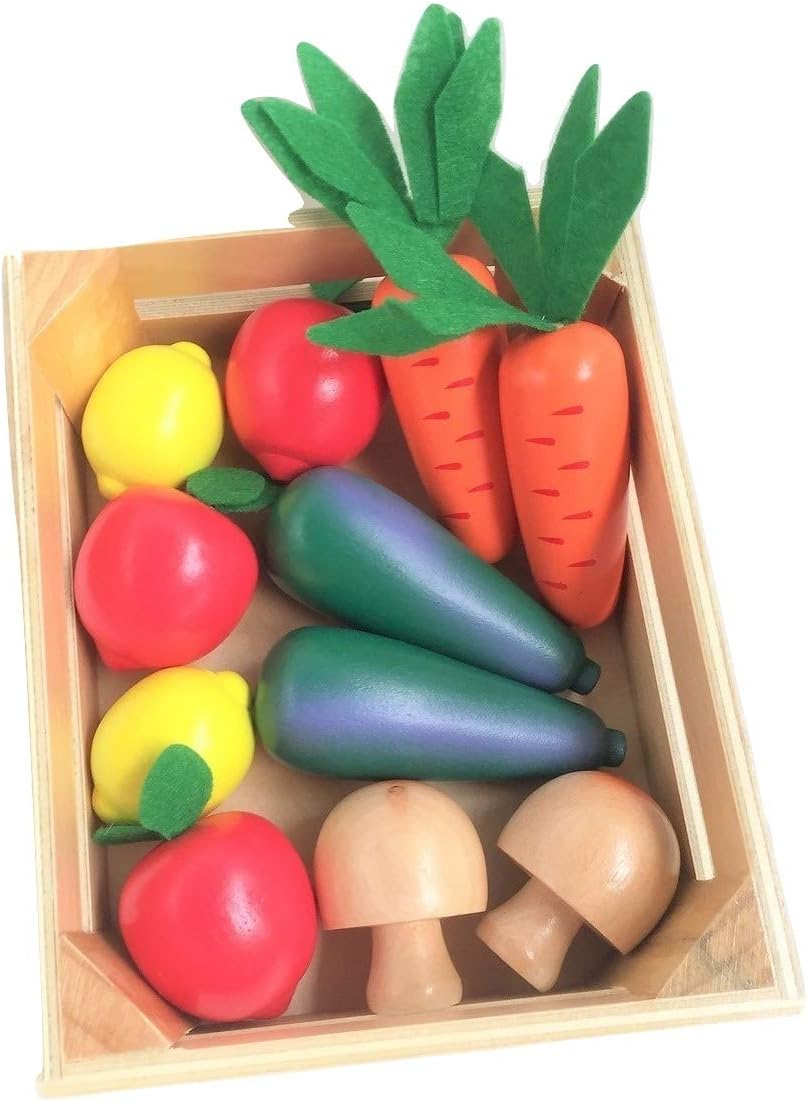 Fun World Toys Wooden Play Food Set - Healthy Vegetables Crate/Non-vegetables Meat Crate (Healthy Vegetables Crate)