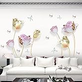 Runtoo Large 3D Flower Wall Stickers Gold Tulip Floral Wall Art Decals for Living Room Bedroom TV Background Wall Decor
