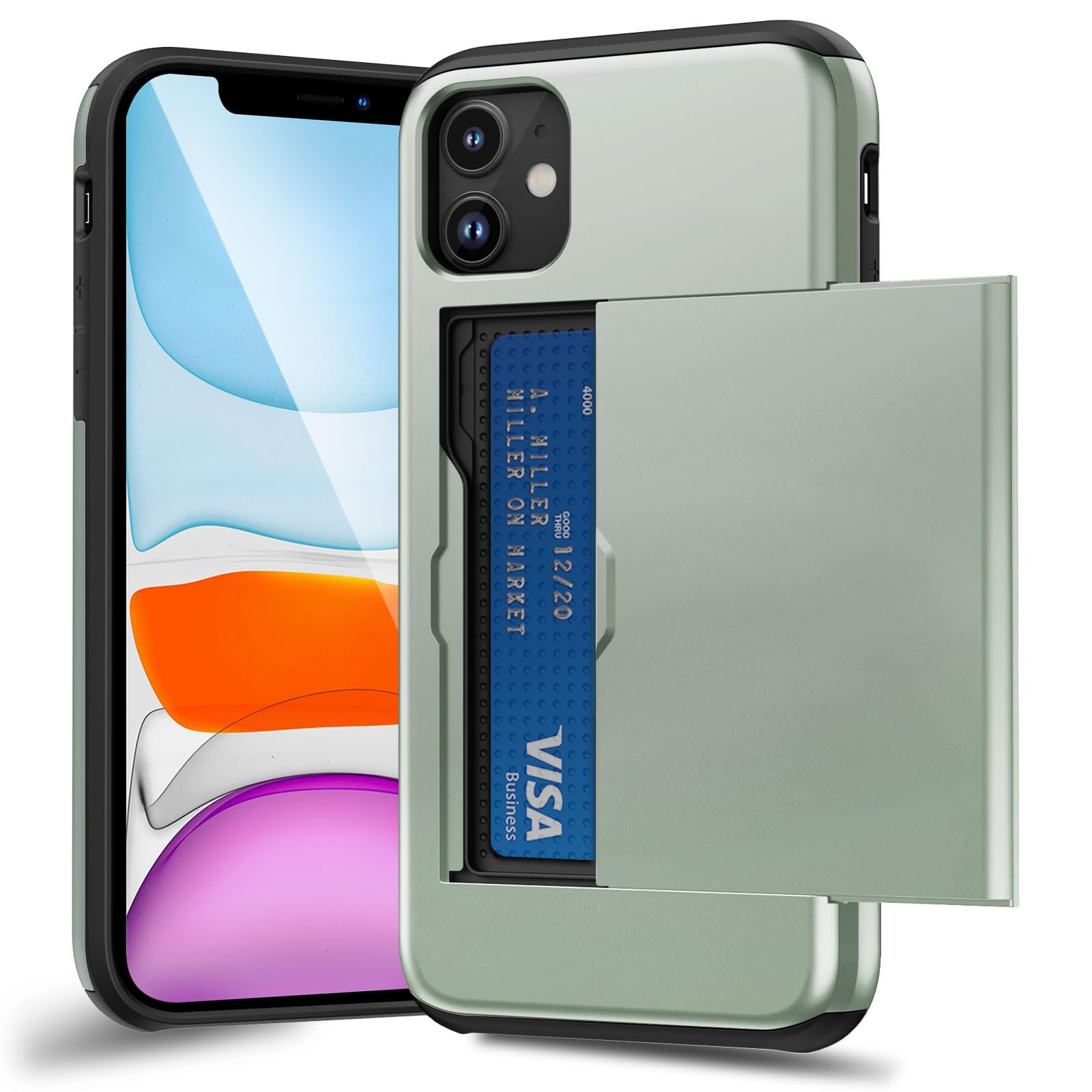 ACOCOBUY for iPhone 11 Case with Card Holder Sliding Cover Hidden Pocket IDs Credit Cards Slot Heavy Duty Shockproof Protective Dual Layer Wallet Phone Cover Back Shell for Men Women 6.1" Army Green