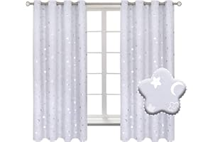 BGment Blackout Curtains for Kids Bedroom, Star Nursery Curtains Grommet Thermal Insulated Room Darkening Printed, 2 Panels of 52 x 63 Inch, Greyish White