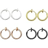 LAXPICOL Clip On Earrings 4PCS Different Color Gold Silver Black Rose 0.43IN/0.51IN/0.59IN/0.70IN Hoop Earrings Clip On Earrings for Women No Piercing