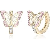 Butterfly Earrings for Women Girls, Hypoallergenic CZ 14K Gold Plated Butterflies Small Tiny Huggie Hoop Earring Jewelry Gifts