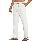 PLEPAN Mens Linen Pants Elastic Waist Drawstring Casual Linen Dress Pants Summer Beach Lightweight Trousers