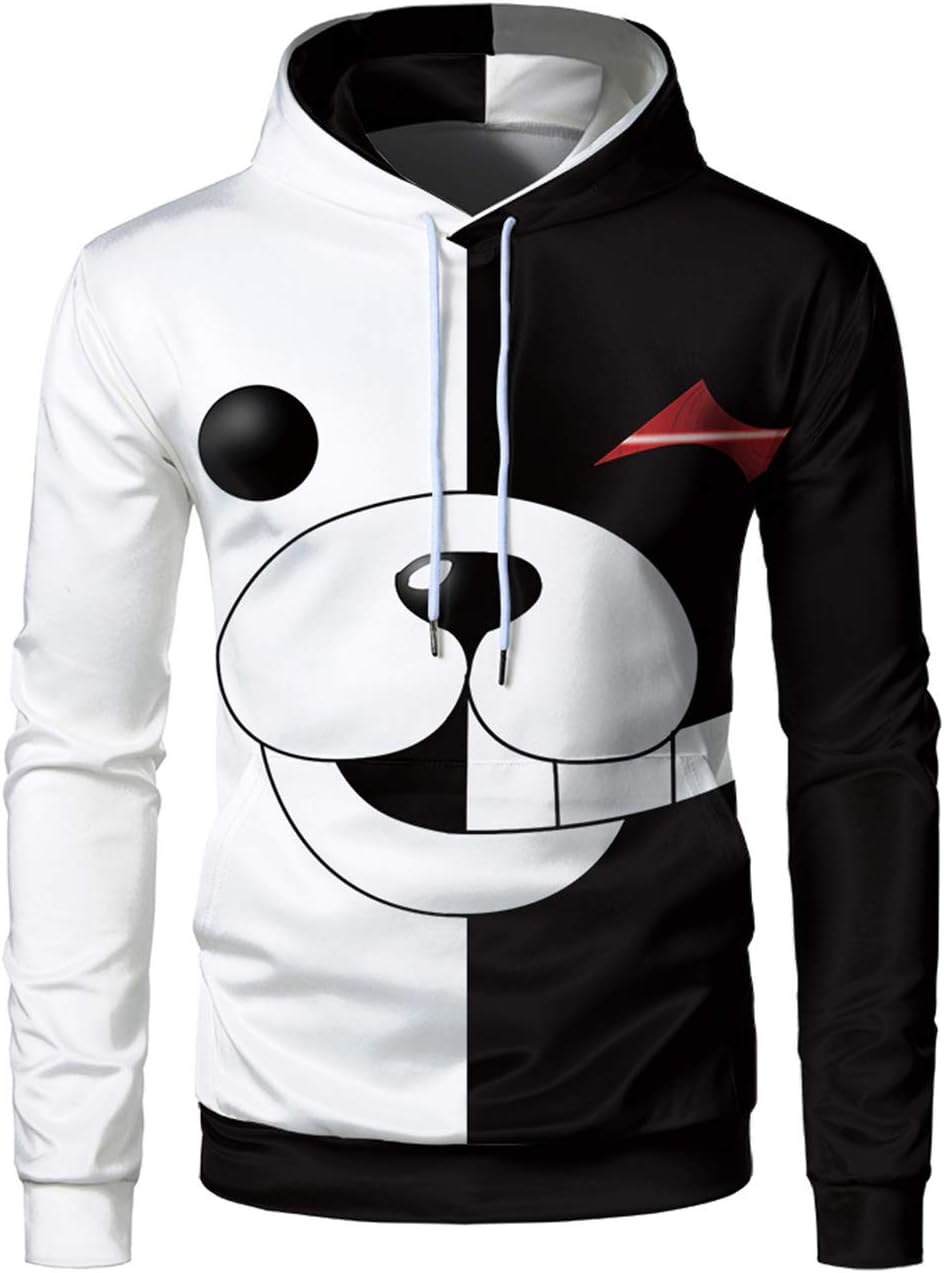 DYNSO Unisex Danganronpa Monokuma Print Hoodies Zipper Jacket Black White Bear Cosplay Costume
