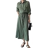Nanasait Women Roll-Up Long Sleeve Button Down Shirt Midi Dress