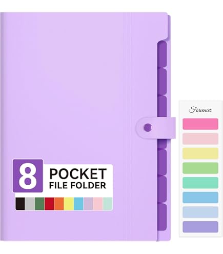 Classeur Accordéon 8 Poches FRETONBA - Pour Documents A4 - Plastique Imperméable - Avec étiquettes - Violet