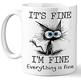 Kraftiful Funny Black Cat Coffee Cups, It’s Fine Everything is Fine, Christmas Birthday Gifts for Cat Lovers, Funny Coffee Mug for Women, Men, Humor Office Mug, 11 Oz Ceramic Coffee Mugs