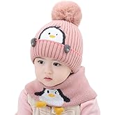 Toddler Winter Knit Beanie Hat Scraf Set, Cute Cartoon Penguin Soft Warm Infant Hat with Pompom for Baby Boys Girls 1-3 Years