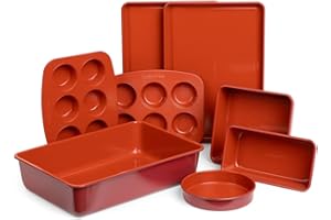 Larder & Vine Bakeware Set - PFAS/PFOA/PTFE Free, Heavy Duty Aluminized Steel with Ceramic Finish, Includes Sheet Pans, Loaf Pan, Muffin Tins, Round Pan, Square Pan, Roasting Pan (Cabernet)