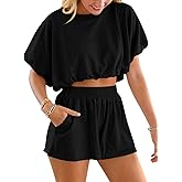 Jenisso Women Summer 2 Pieces Shorts Sets Bubble Crop Tops Casual Loose Outfits Comfy Lounge Sets