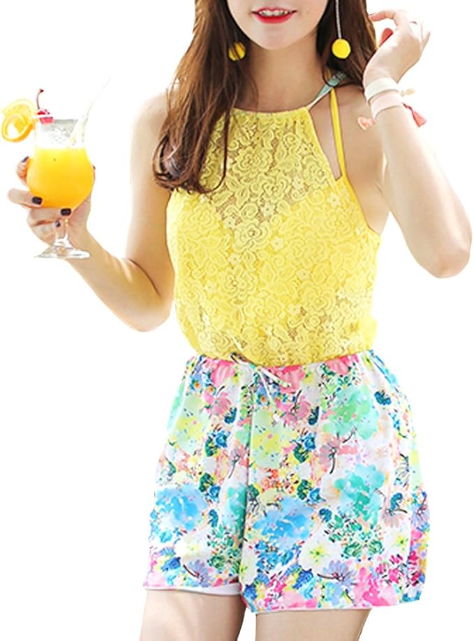 Amazon レディース水着 ビキニ サロペット ハイネック 体型カバー バンドゥ ショートパンツ 3点セット レディース 黄 M Sw008 Yem ビキニ セパレーツ 通販