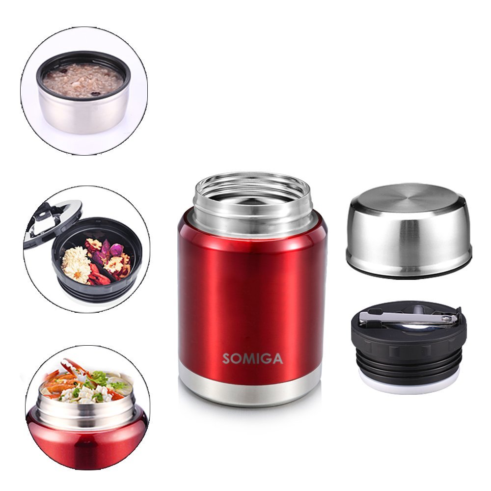 SOMIGA Insulated Stainless Steel Food Jar with Folding Spoon,Bag-Vacuum Double Walled BPA Free,Unbreakable,Leak Proof, Hot and Cold Preservation 17 OZ Storage Container (Red)
