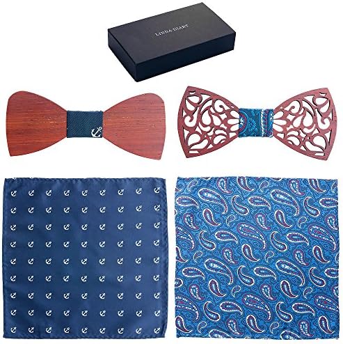 2 Set Men's Walnut Wood Bow Tie w/ Matching Pocket Square (Set 3 Sailor)