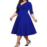 Womens Plus Size Dresses Faux Wrap Summer Dress 3/4 Sleeves V Neck 1950s Retro Vintage Wedding Party Midi Dress