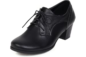 SHEMEE Women's Chunky High Heels Wingtip Oxfords Round Toe Lace Up Stacked Block Heel Vintage Brogues Pumps Shoes