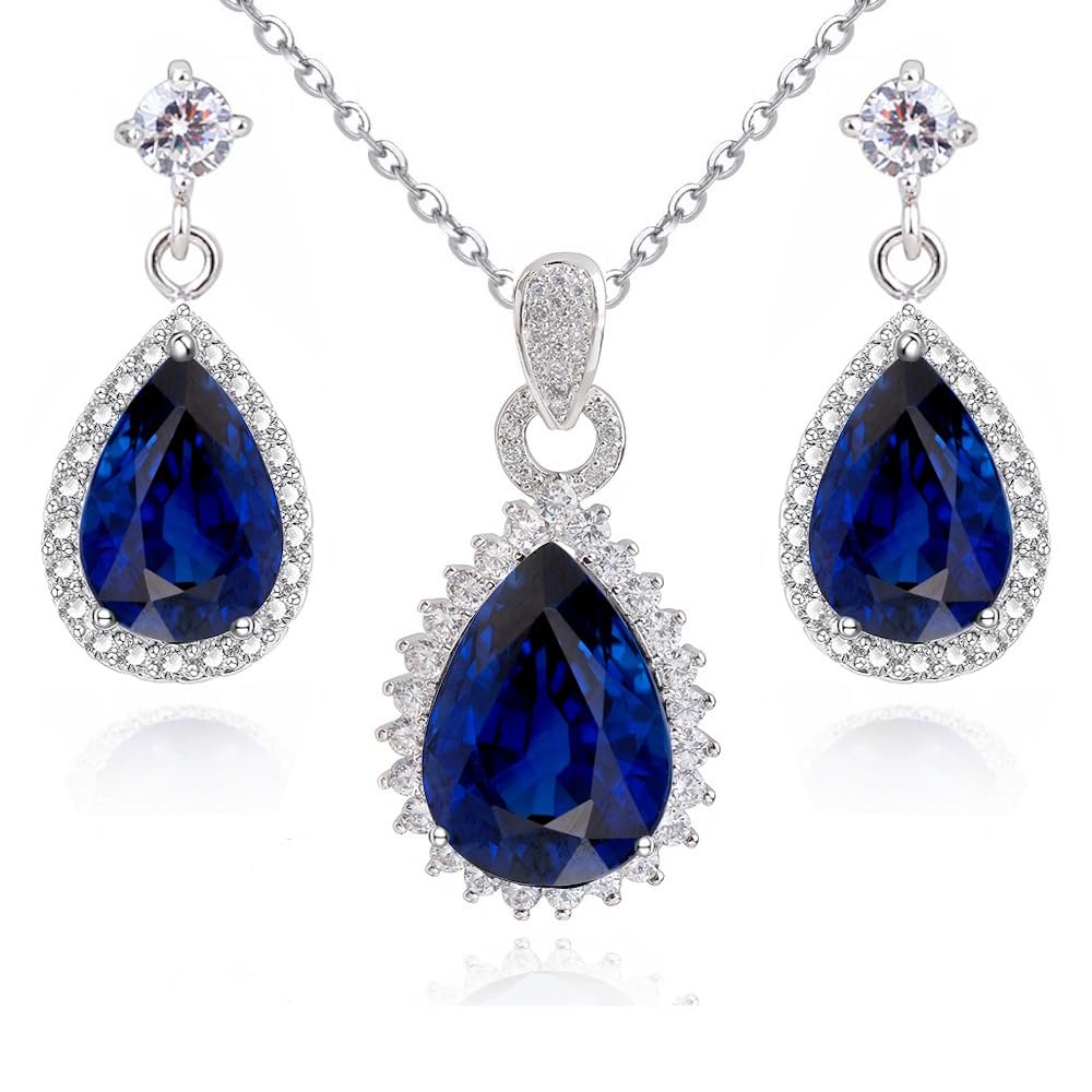 Crystalline Azuria Women 18ct White Gold Plated Teardrops Blue Simulated Sapphire Zirconia Crystals Set Pendant Necklace 17.7 inches Dangle Earrings