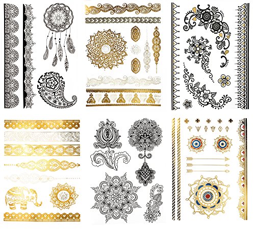 Premium Temporary Henna Metallic Tattoos - 50+ Large Mehndi & Mandala Temp Tats Designs in Gold, Silver, Black (Shay Collection)