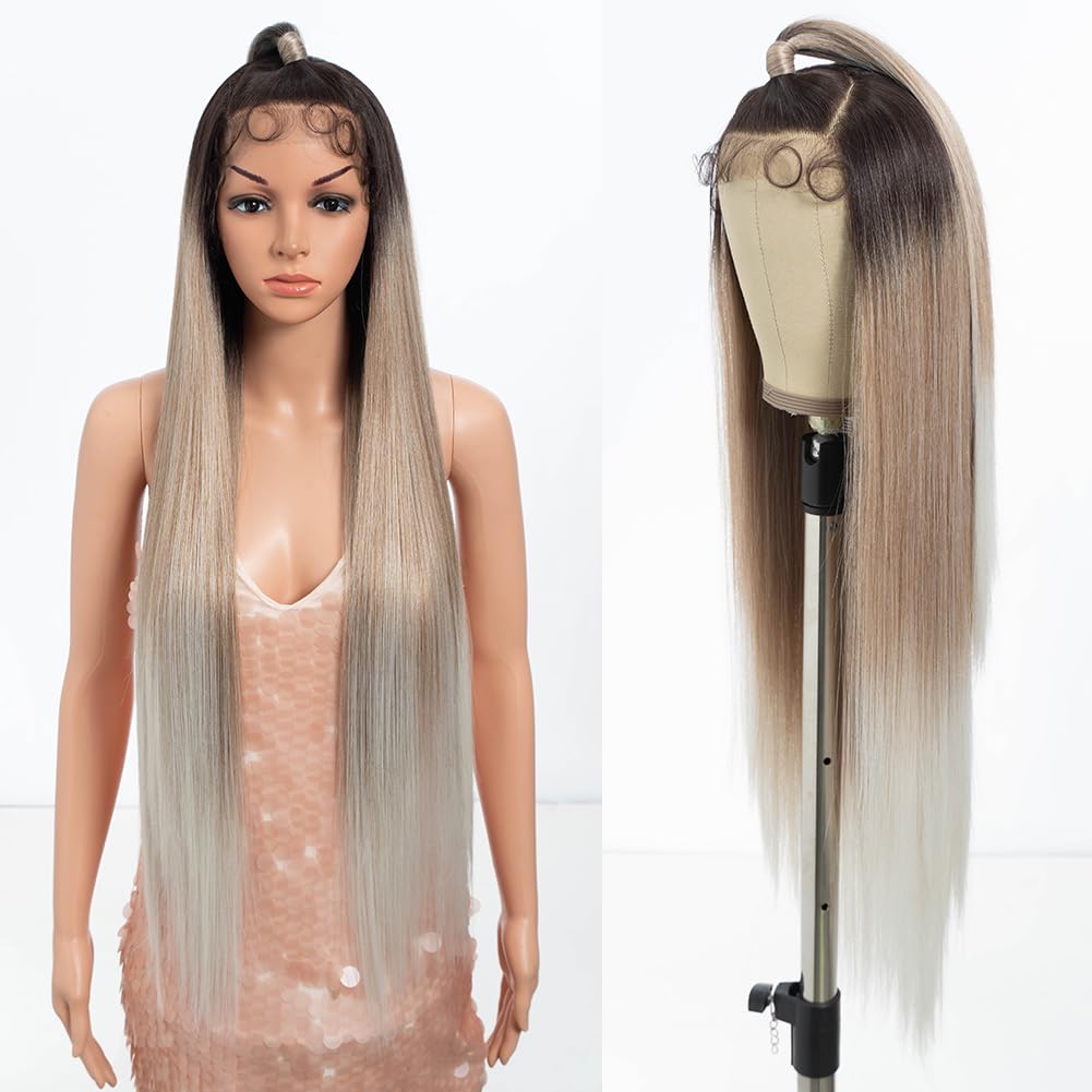 Style Icon 13x4 Super Long Straight Lace Frontal Wig 38 inch Updo Style Ombre Synthetic Free Part Wig for Women Pre Plucked with Baby Hair