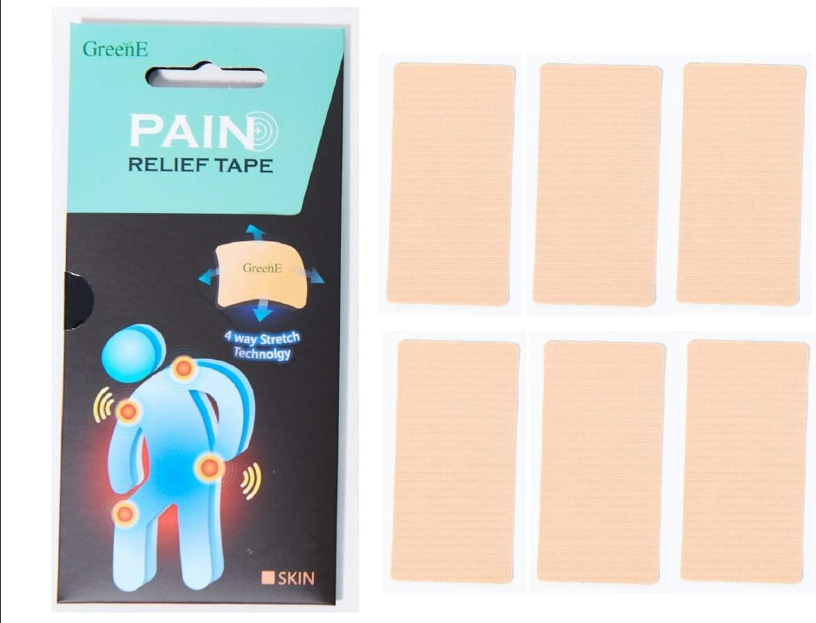 GreenE Pain Relief Tape, 6-PCS Patch, 4-Way-Stretch, True-Kinesio-Therapeutic, Bio Far-Infrared, 36-HR Long-Lasting (1.9in. x 3.9in. x 6pcs precuts) (Skin)