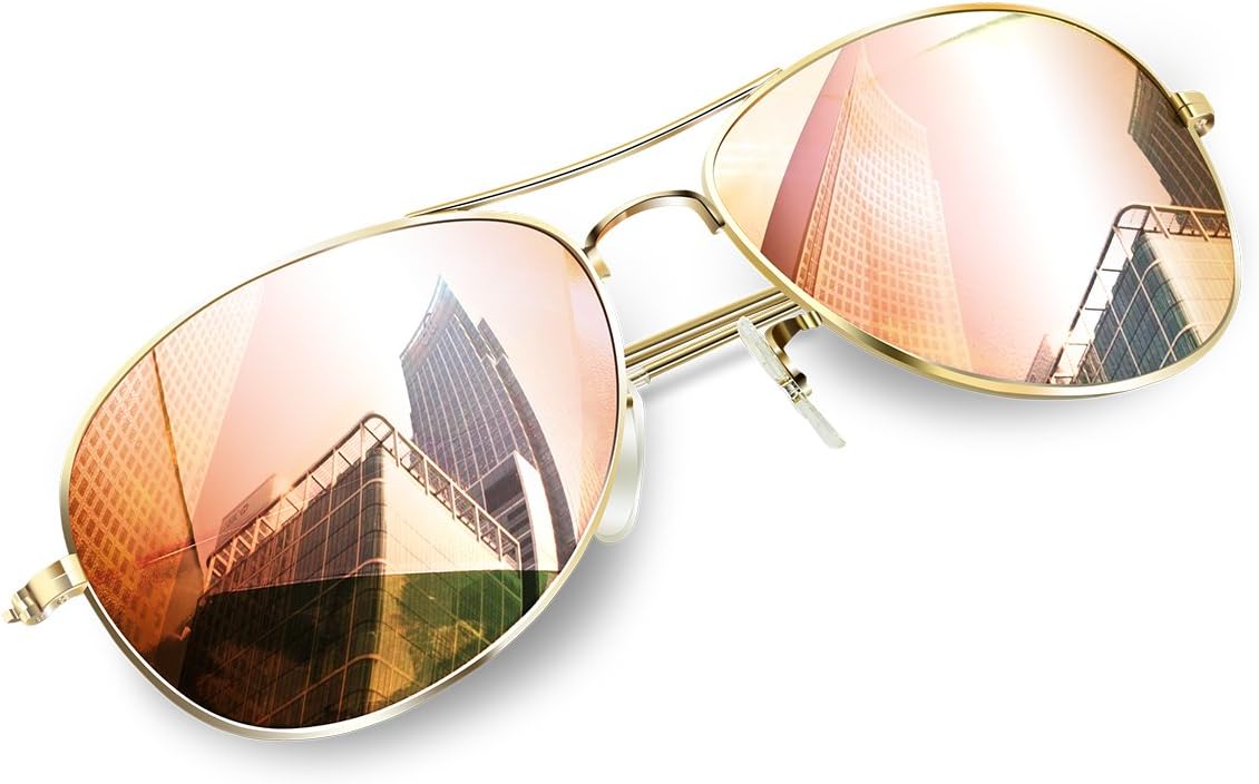 Small Aviator Sunglasses Adult and Junior, Gold Metal with Mirror Pink Polarized Lens Shades W3362- Small Face