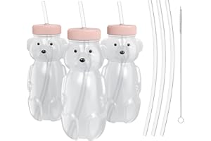 3Pcs Honey Bear Straw Cups, 8oz Cute Juice Bear Water Bottle Drinking Sippy Cup Long Straws with 6 Straws & Cleaning Tools, S