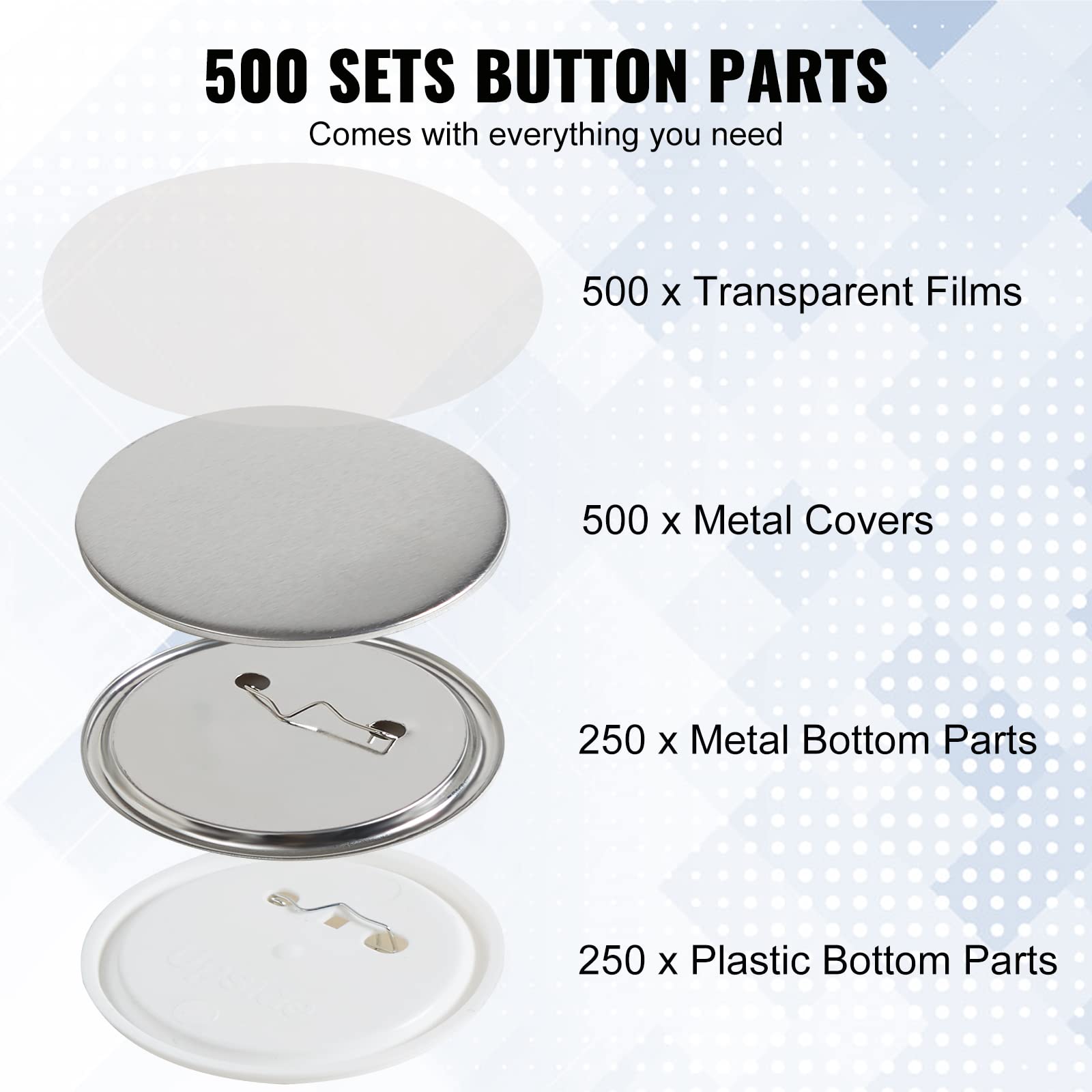VEVOR 500 Sets 2.25 inch 58mm Pin Back Button Parts, DIY Round Button Badge Parts, Set Includes Metal Top, Plastic/Metal Button, Clear Film, and Blank Paper for Gifts Presents, Machine NOT Included