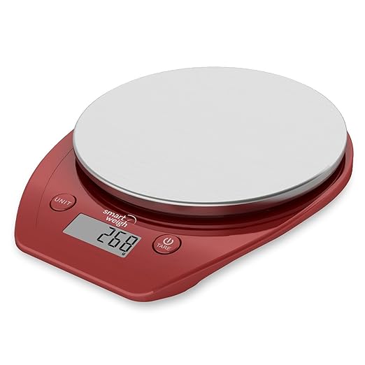 Smart Weigh 11 lb/15 kg Báscula Electrónica Multifuncional para Cocina y Alimentos, Plataforma de Acero Inoxidable, Gran Pantalla de LCD (Rojo)