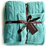 Cable Knit Sherpa Oversized Throw Reversible Blanket Faux Sheepskin Lined Cozy Cotton Blend Sweater Knitted Afghan in Grey White or Turquoise Blue (Turquoise)