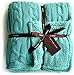 Cable Knit Sherpa Oversized Throw Reversible Blanket Faux Sheepskin Lined Cozy Cotton Blend Sweater Knitted Afghan in Grey White or Turquoise Blue (Turquoise)