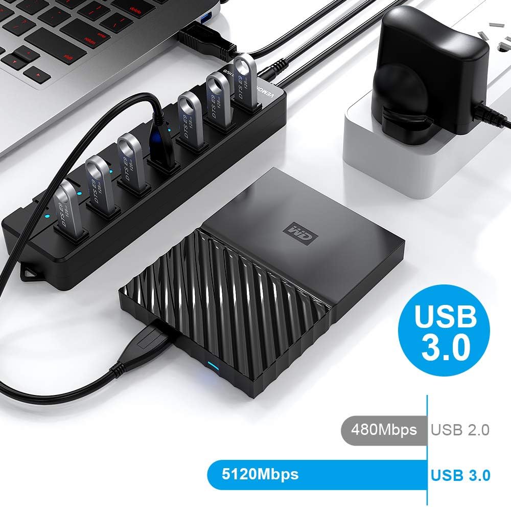 Powered USB Hub,VEMONT 7 ports SuperSpeed USB 3.0 Hub with Power Supply,USB Splitter Powered with Individual on/off LED Switches and 3.9ft/1.2m Long Cable for PC/Laptops/Ultrabooks/Desktops - Image 3