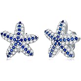 Plesitep Blue White Zircon Starfish Earrings 925 Sterling Silver Studs Ocean Theme Women's Jewelry Cute and Dainty White Gold Plated