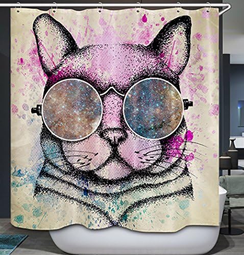 SHOBRILF - Cool Cat With The Glasses - Waterproof Polyester Shower Curtain - 72x72 Inches