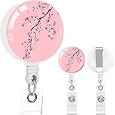 2 Pack Retractable Badge Holders with Clip, Cute ID Card Reels for Nurse, Doctor, Office Worker, Teacher(Pink Blooming Flower)