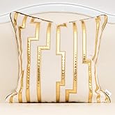 Alerfa Gold Leather Striped White Throw Pillow Cover 18x18 Inch, Geometric Luxury Decorative Embroidered Velvet Pillow Cover for Couch Living Room Bedroom