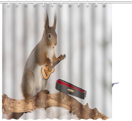 Amazon Com Muatoo Shower Curtain Red Squirrel In Snow With Guitar Graphic Print Polyester Fabric Bathroom Decor Sets With Hooks 72 X 78 Inches Home Kitchen
