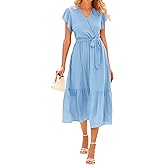 BTFBM Women Summer Bohemian Floral Casual Wrap V Neck Ruffle Cap Sleeveless Belt A-Line Pleated Hem Midi Sun Dress White