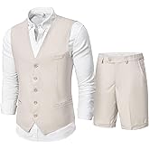 MY'S Men’s 2-Piece Linen Vest Pants, Lightweight Waistcoat Shorts, Casual Beach Summer Wedding Prom Homecoming Outfit