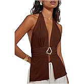 Verdusa Women's Tie Backless Halter Top Deep V Neck Y2k Clothes Sleeveless Fitted Sexy Going Out Tops