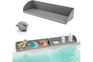 BUQ Splash Guard for Bathtub - Silicone Bathtub Splash Guard for Tub Kids with 4 Suction Cups, Bath Toys Holder & Play Shelf, Bath Shelf Over Tub for Kids Essentials Accessories, Gray (1 Pack)