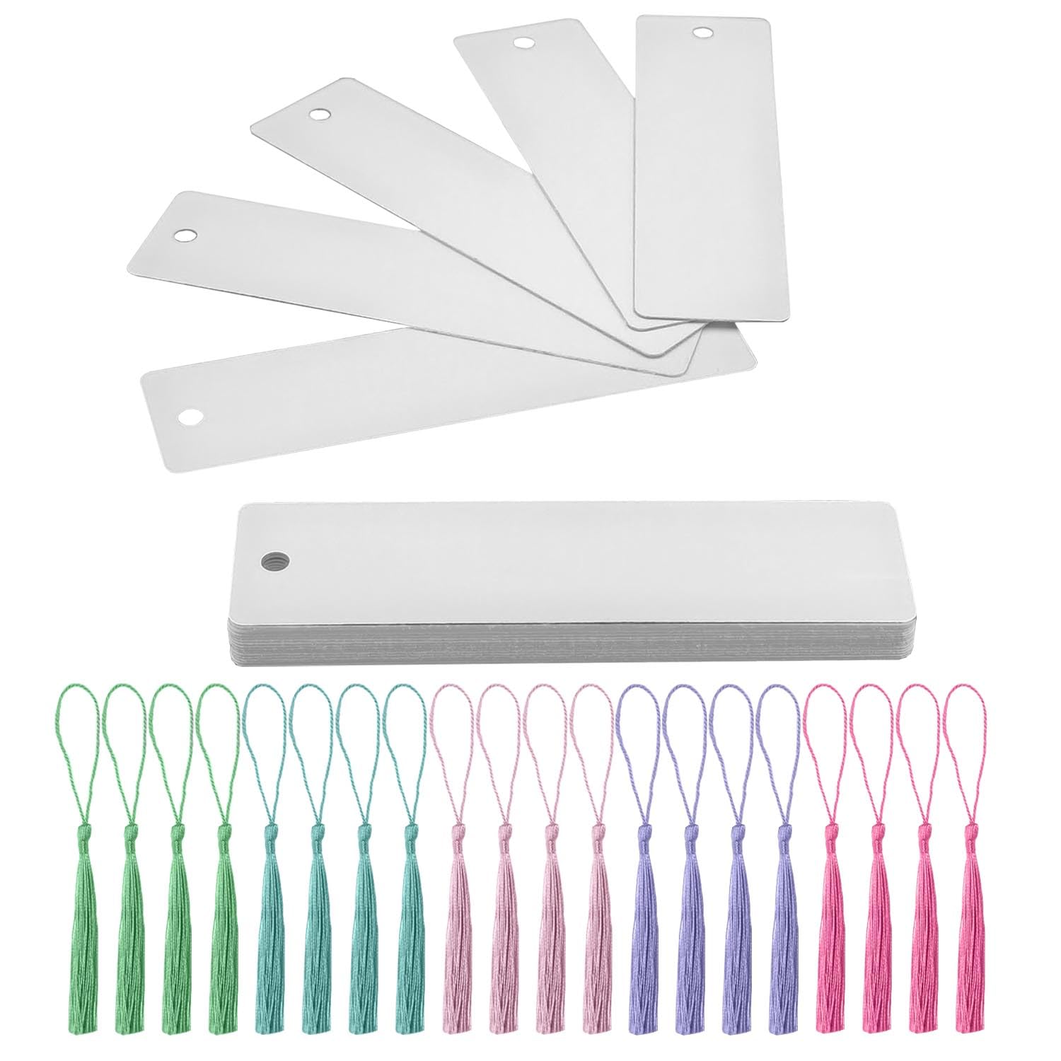 Photo 1 of 20Pcs Metal Sublimation Blanks Bookmarks Double Side Heat Transfer Printing with 20Pcs Colorful Silk Tassels for Making Personalized Bookmarks and Souvenirs(3.2×12cm)