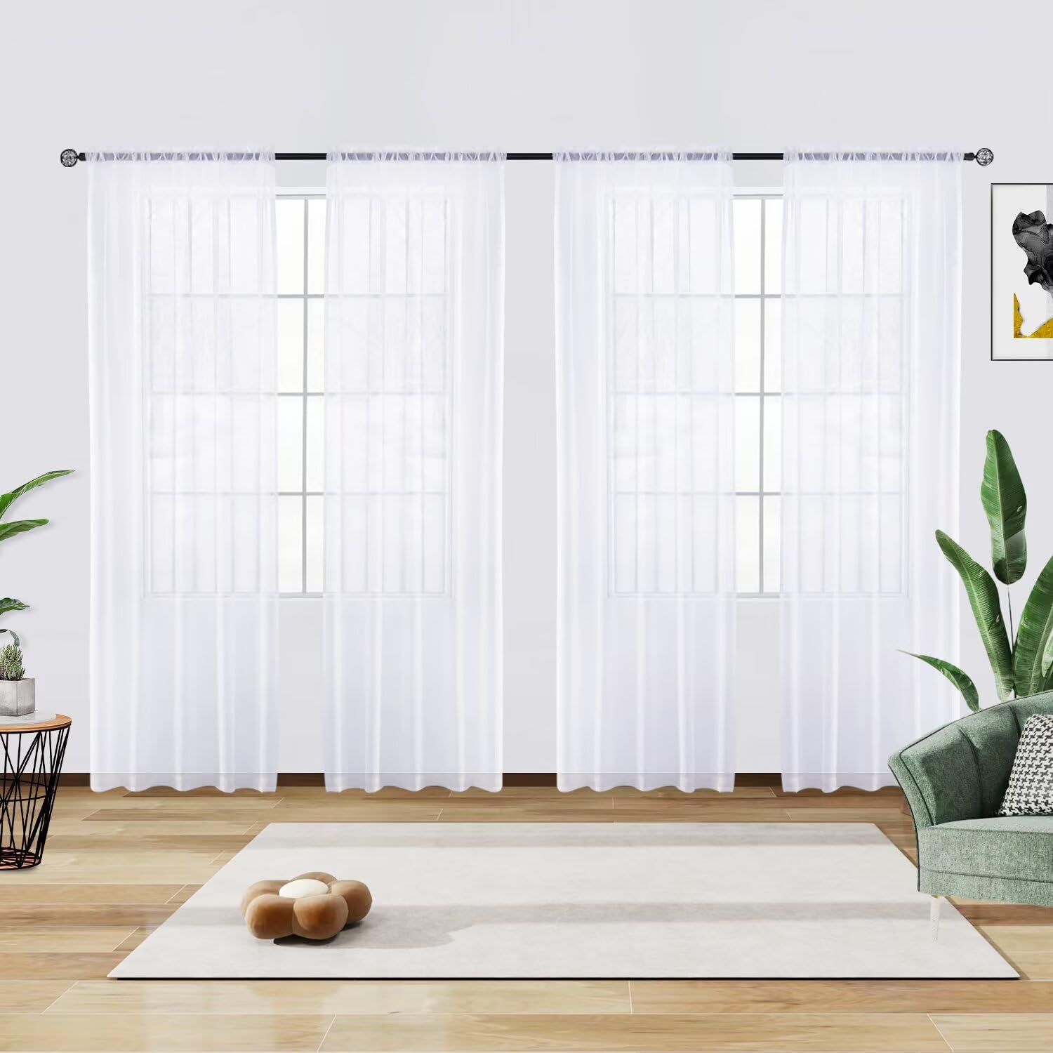 Photo 1 of Youleyar Solid Sheer Rod Pocket Curtain Voile Draperies 4 Panels White Beige Black Grey Ivory 52 Inch Width 108 Inch Long 1 Pair for Kitchen Bedroom Children Living Room Yard(Optical White,52 W?108 L)