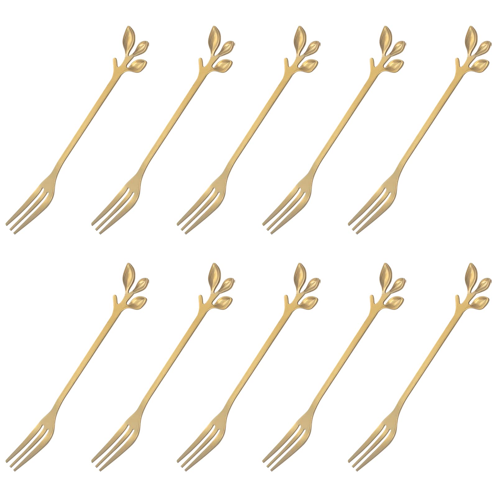 LdawyDE Cake Forks, 10 Pieces Dessert Forks, Stainless Steel Material, Durable, Rust and Corrosion Resistant, Easy to Clean, Leaf Shape, for Dessert, Cake (12.5 x 1.5cm, Gold)
